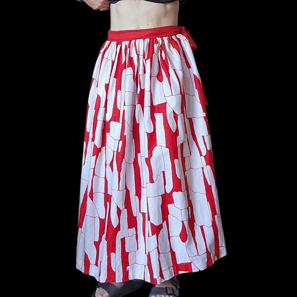 VTG 60s 70s THC Hawaiian Textiles Maxi Skirt Red White Geometric Barkcloth Sz 4